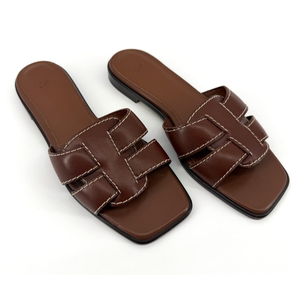H & M Brown Vegan Leather Flat Slide Sandals H Strap Boho Summer Women 6/37 NWOT